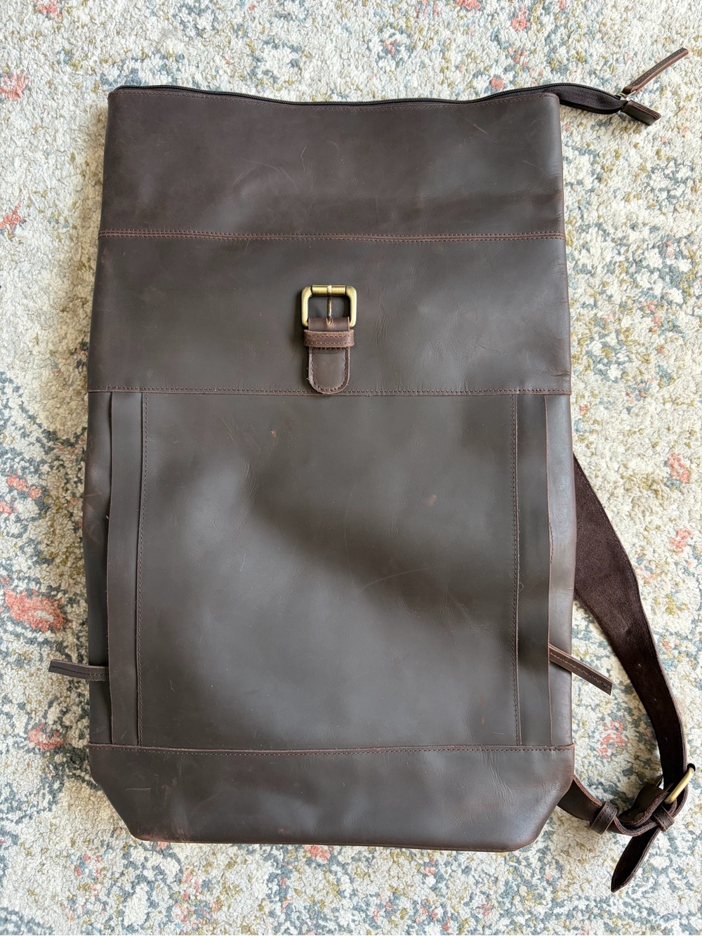 Sturdy Brown Oiled Leather Backpack - Classic Minimalist Roll Top